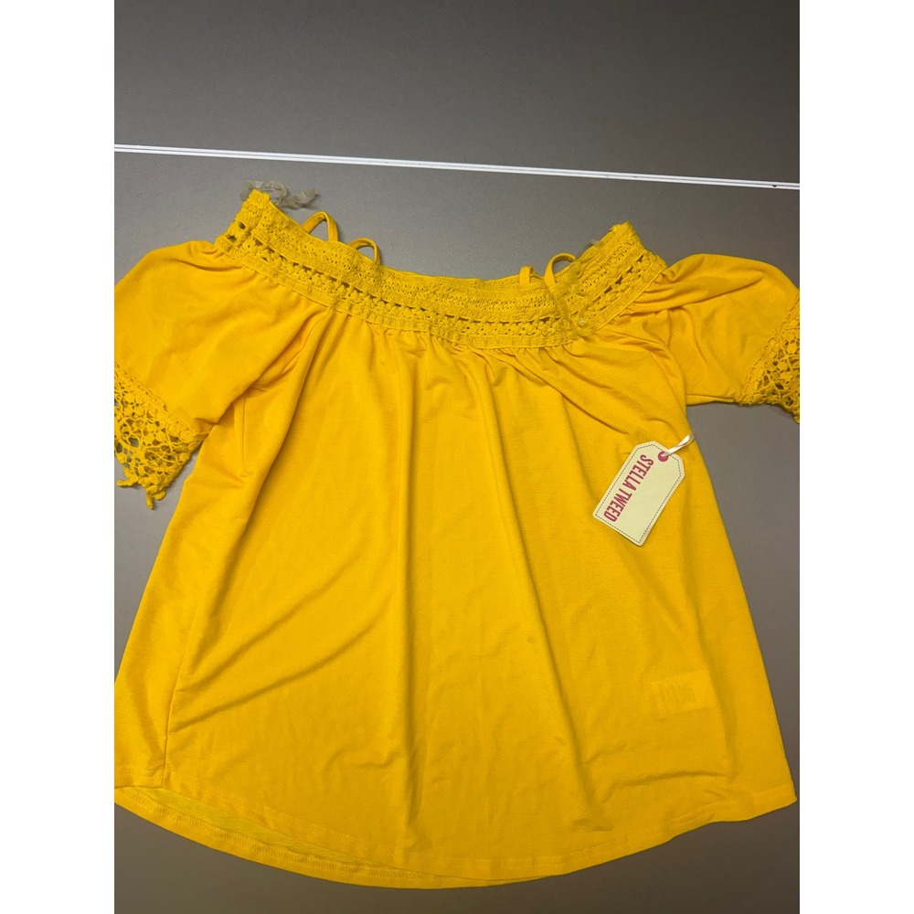 Stella Tweed Yellow Off The Shoulder Crochet Lace Trim Top Large NWT